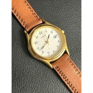Vintage PULSAR Watch Women's WORKS Gold Tone White Dial Leather Band Date Japan